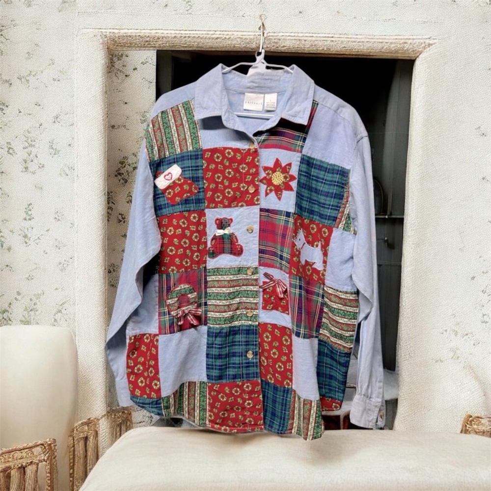 Partners Vintage Quilted Patchwork Christmas bear Country button down shirt L